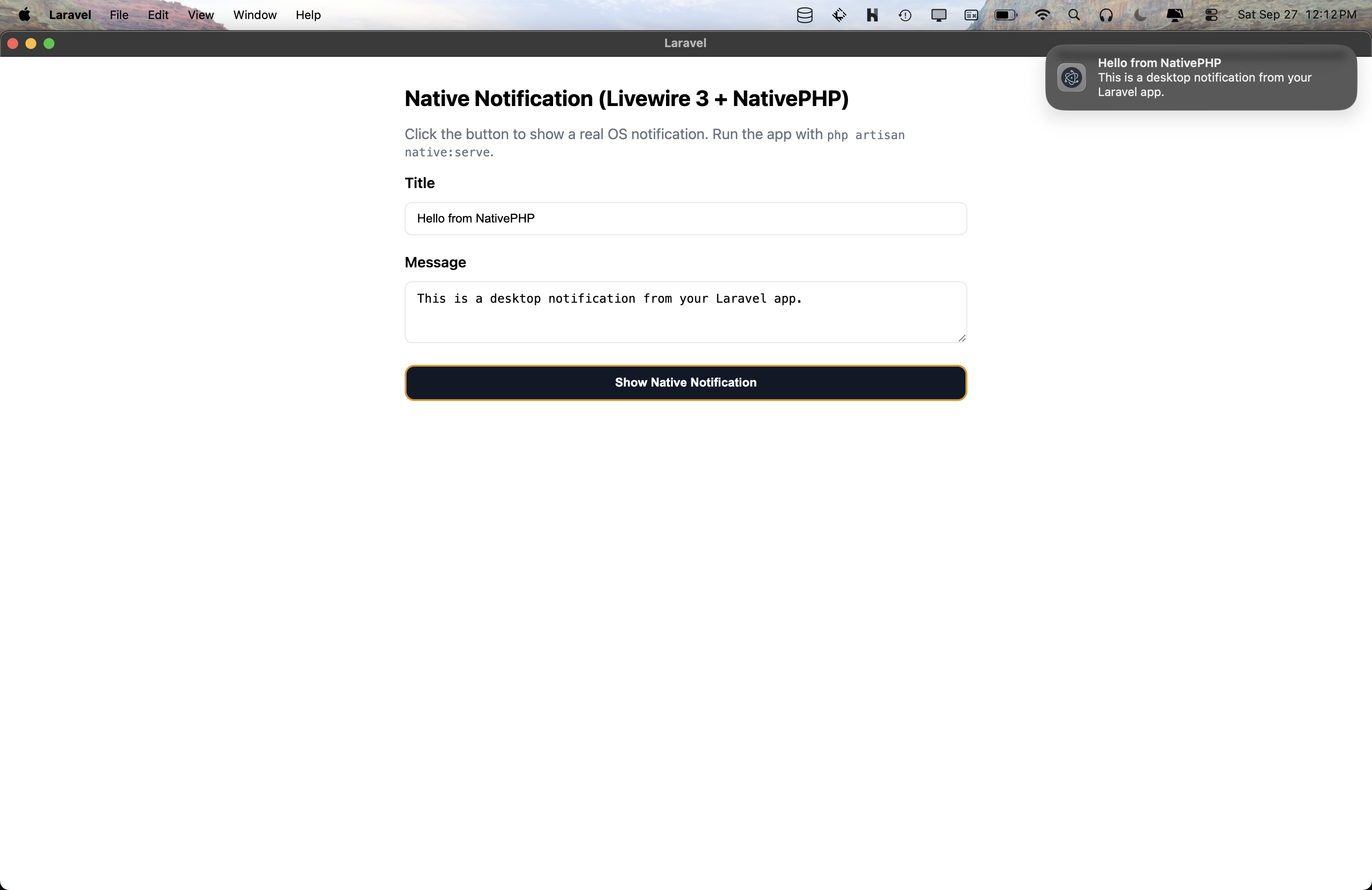 Photo of the application we will build. Contains title and message and a button to trigger notification. Notification shown in corner
